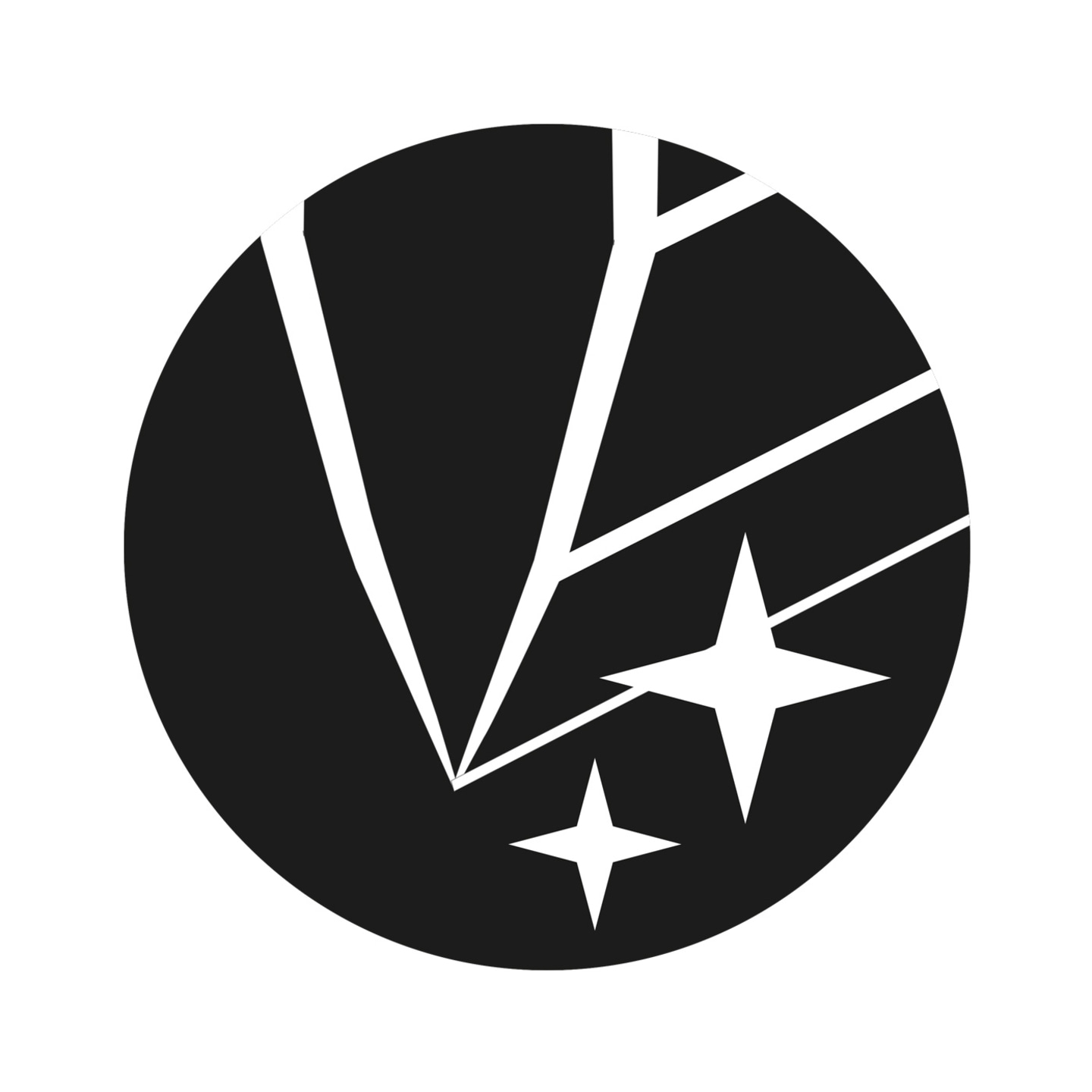 Black circle with white lines and stars, abstract design, graphic element