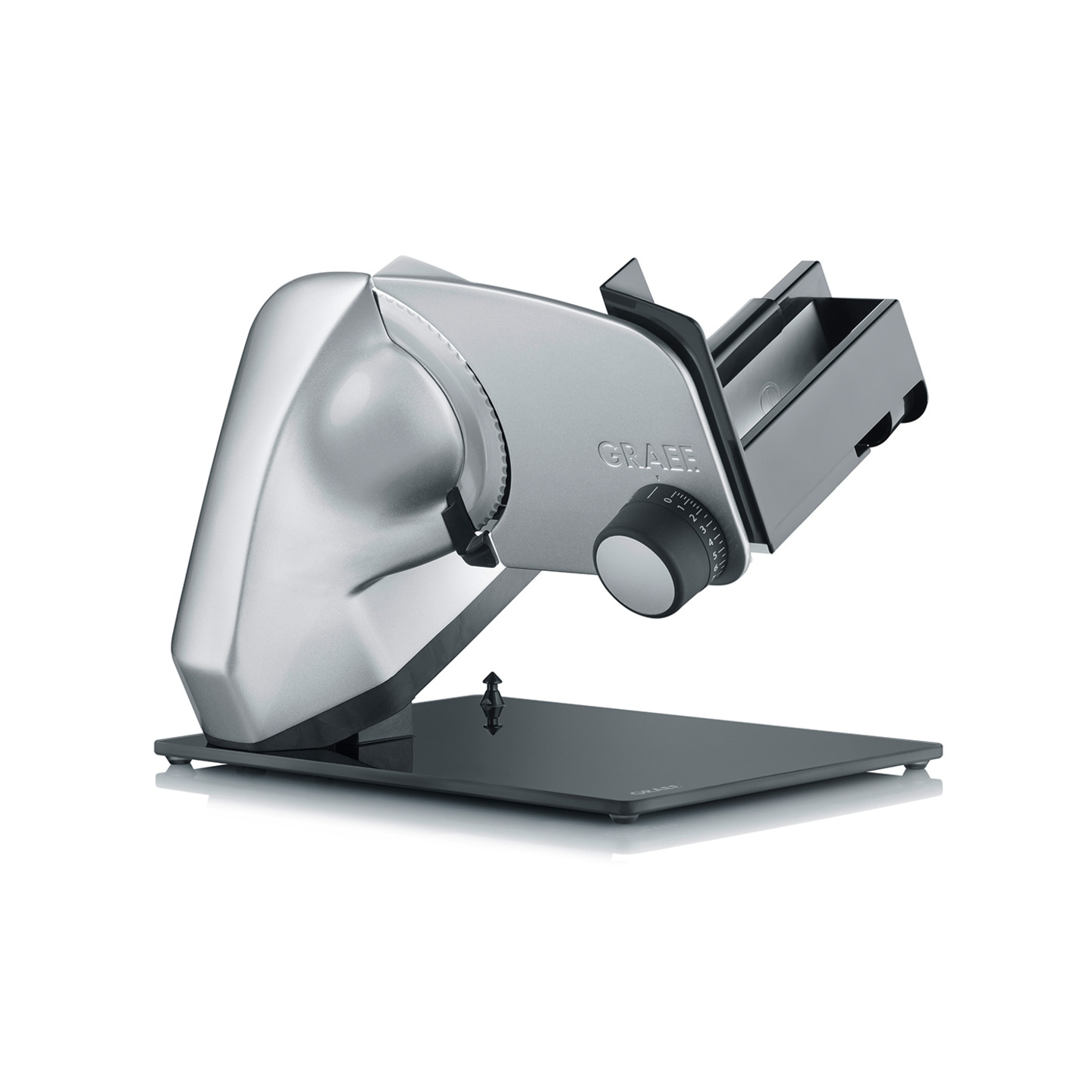 Graef Allesschneider, silberfarben, auf weißem Hintergrund, Detailaufnahme