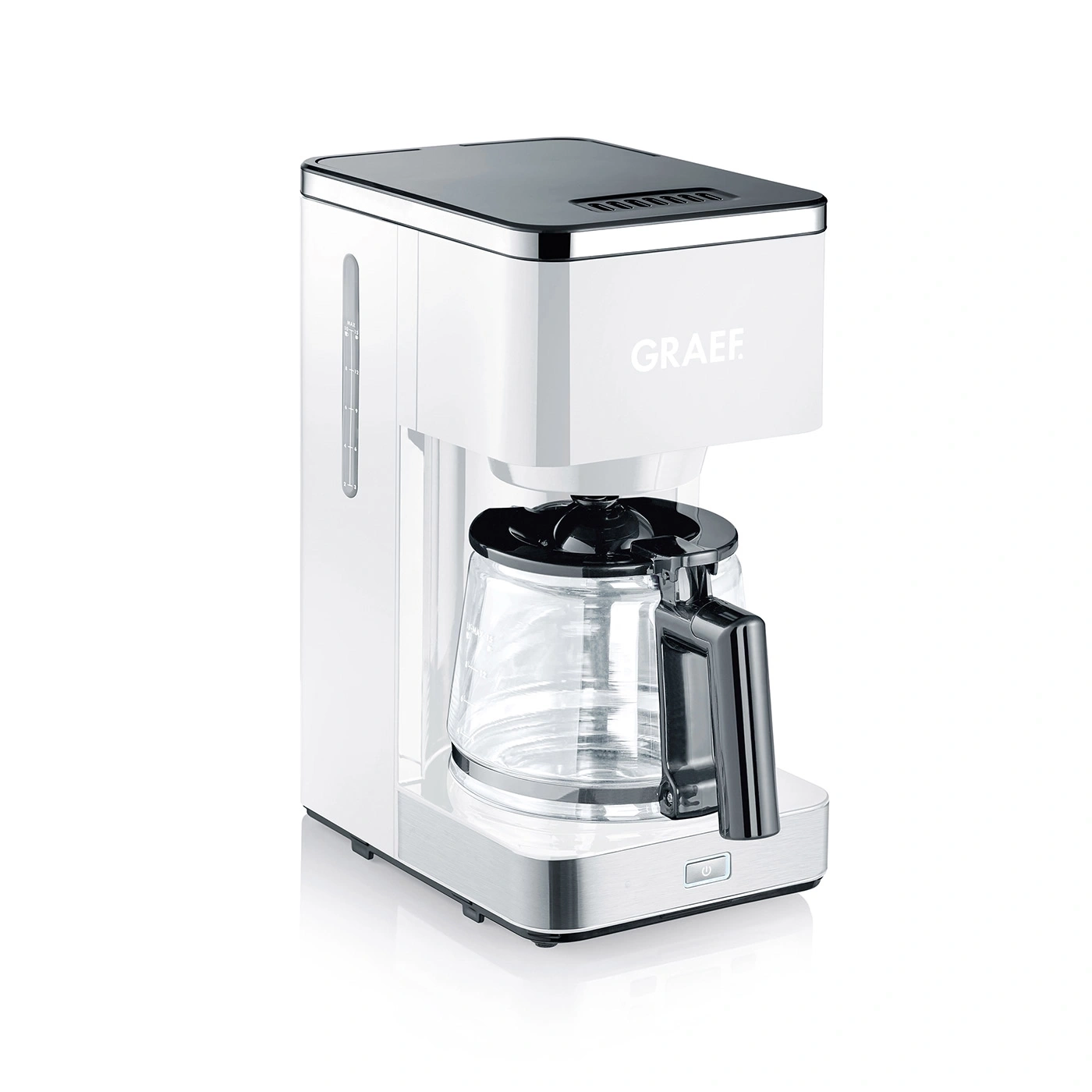 Weiße Kaffeemaschine mit Glaskanne und GRAEF-Logo, modernes Design.