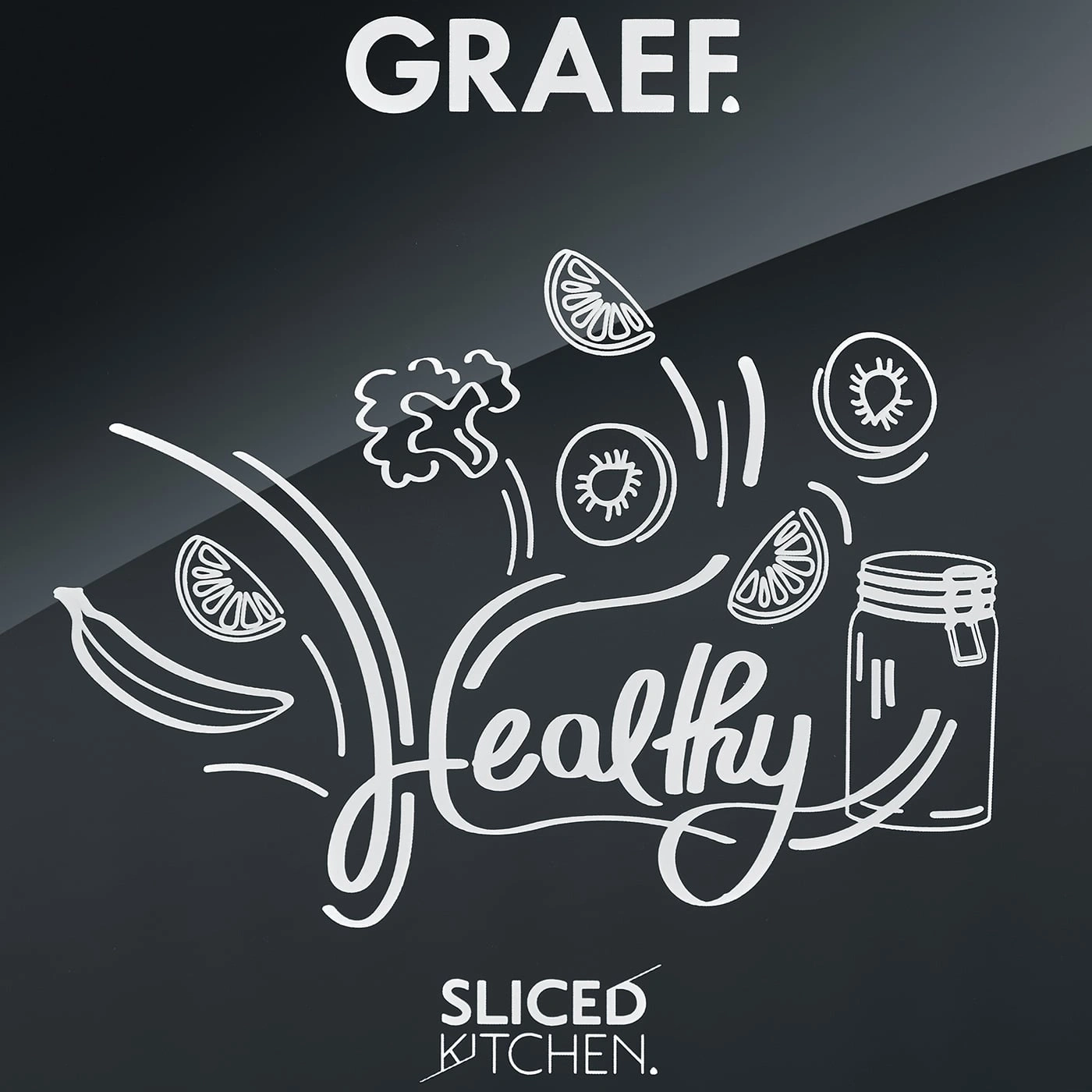 Graef-Logo mit Obst und Gemüse, das Gesundheit und eine geschnittene Küche symbolisiert.