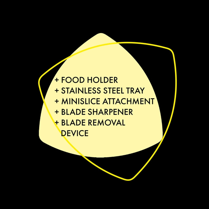 Yellow shape with text: Food Holder, Stainless Steel Tray, Attachment, Sharpener, Device.