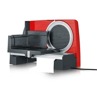 Rote elektrische Aufschnittmaschine mit Metallklinge und schwarzem Schlitten.