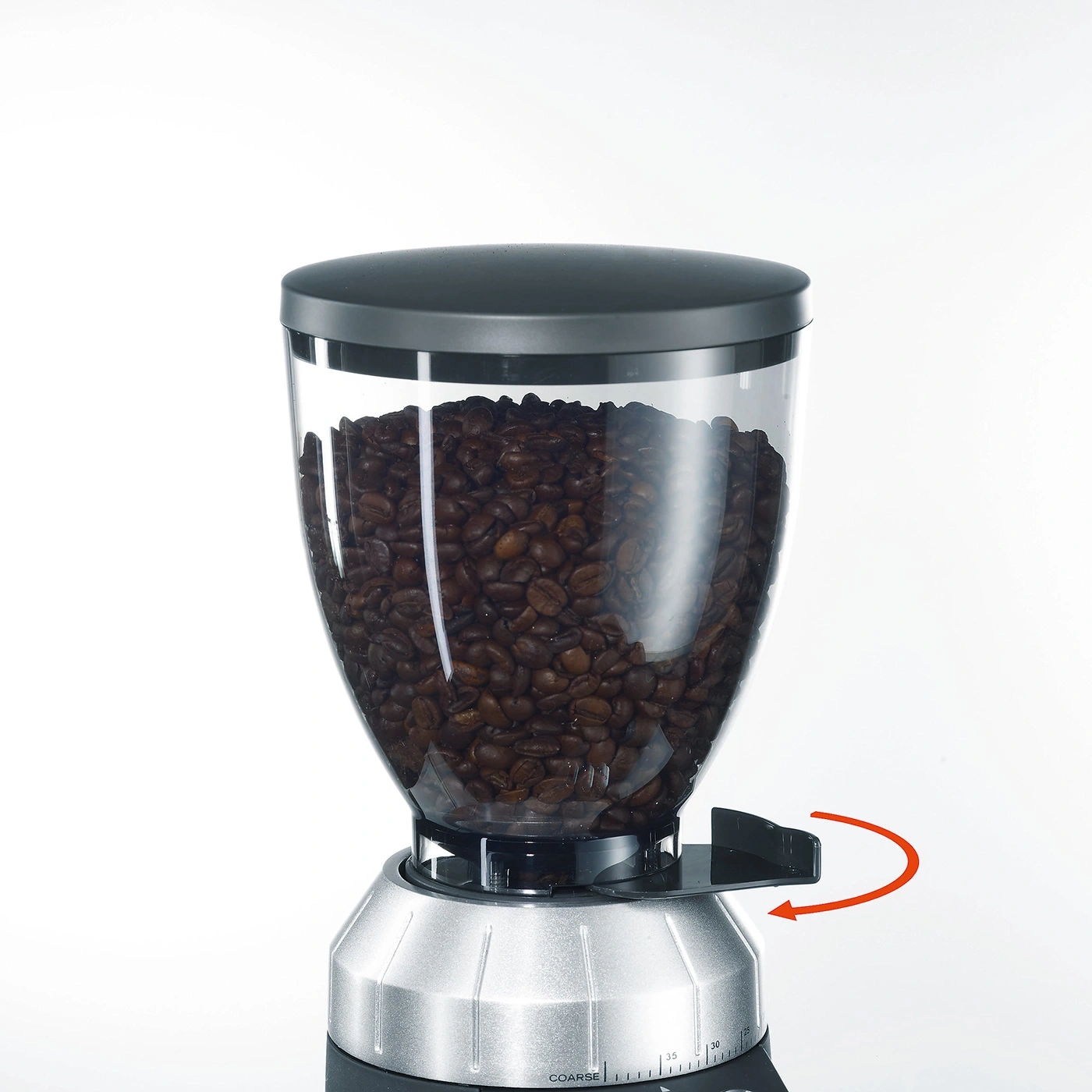 Kaffeemühle mit Bohnenbehälter und Einstellung für Mahlgrad.