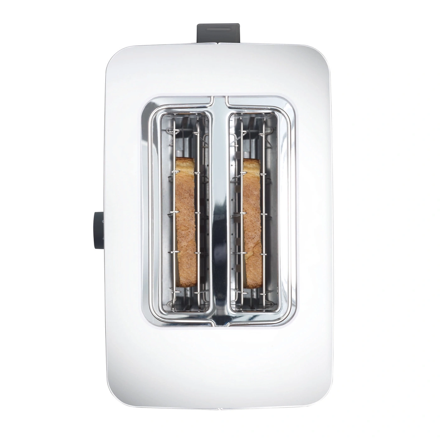 Ein weißer Toaster mit zwei Scheiben Brot drin.