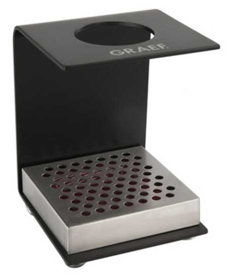Black coffee filter holder with drip tray and a hole for the filter.