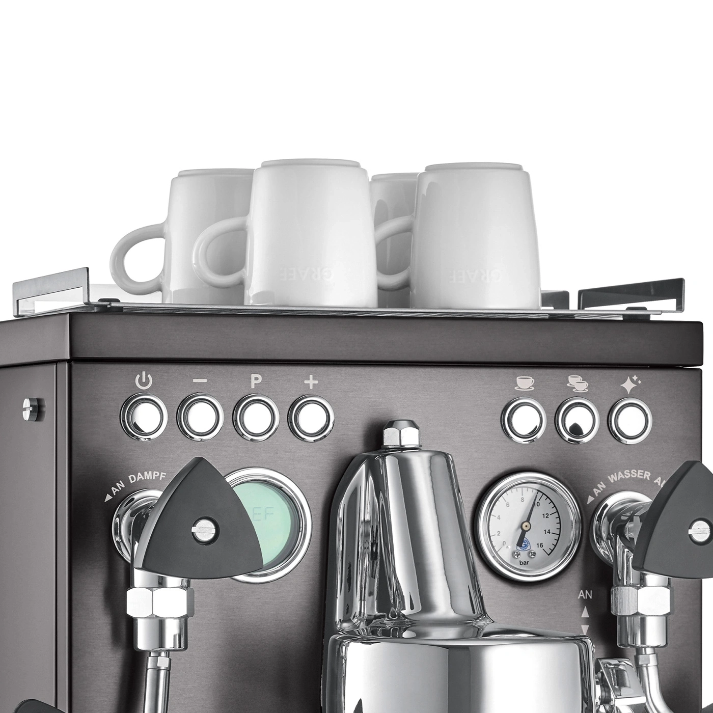 Espressomaschine mit Tassen, Knöpfen und Manometern. Schwarzes Design.