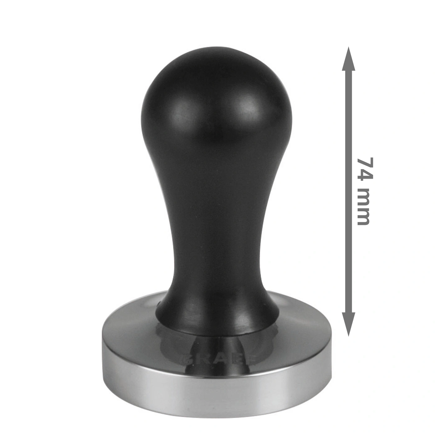 Schwarzer Kaffeestampfer mit 74 mm Messung, für Espresso-Zubereitung.