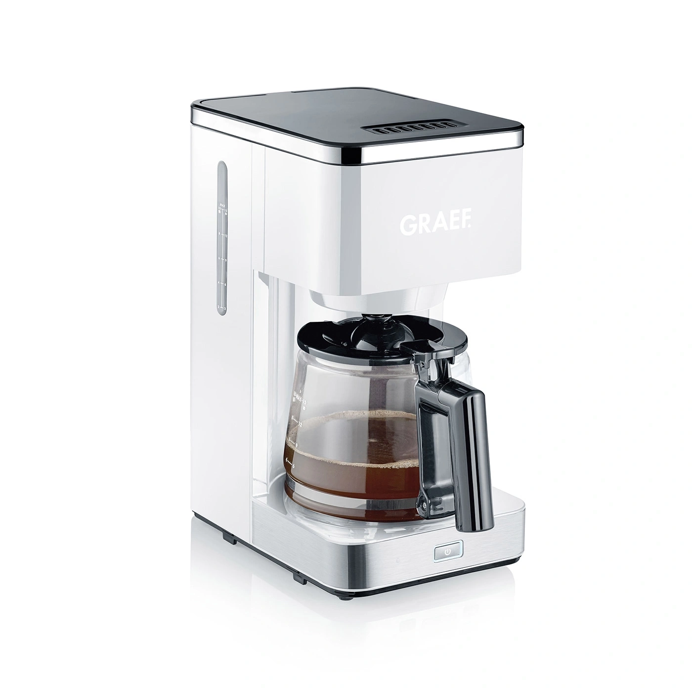 Weißer Kaffeeautomat mit Glaskanne und GRAEF-Logo, modernes Design.