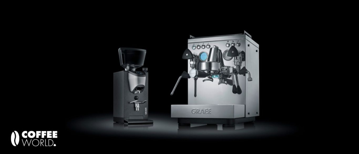 Coffee machine and grinder on black background, GRAEF brand