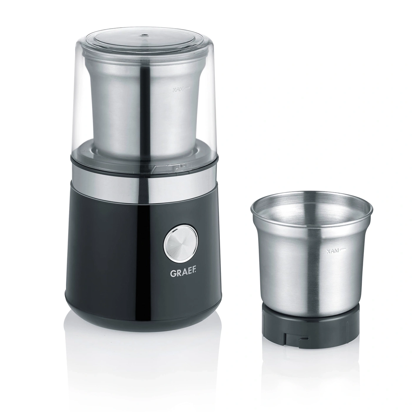 Kaffeemühle mit abnehmbarem Behälter, schwarz und silber, isoliert