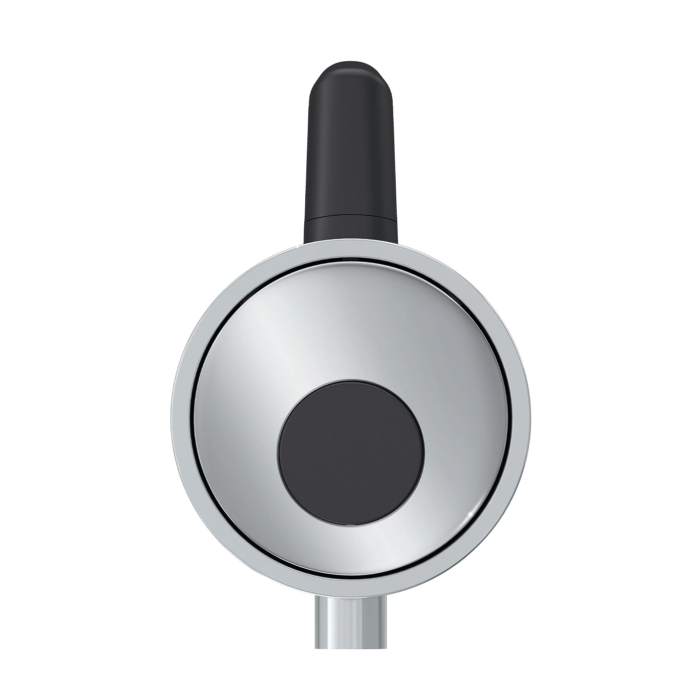 Chrom-Design mit schwarzem Knopf und schwarzem Griff, Nahaufnahme, isoliert
