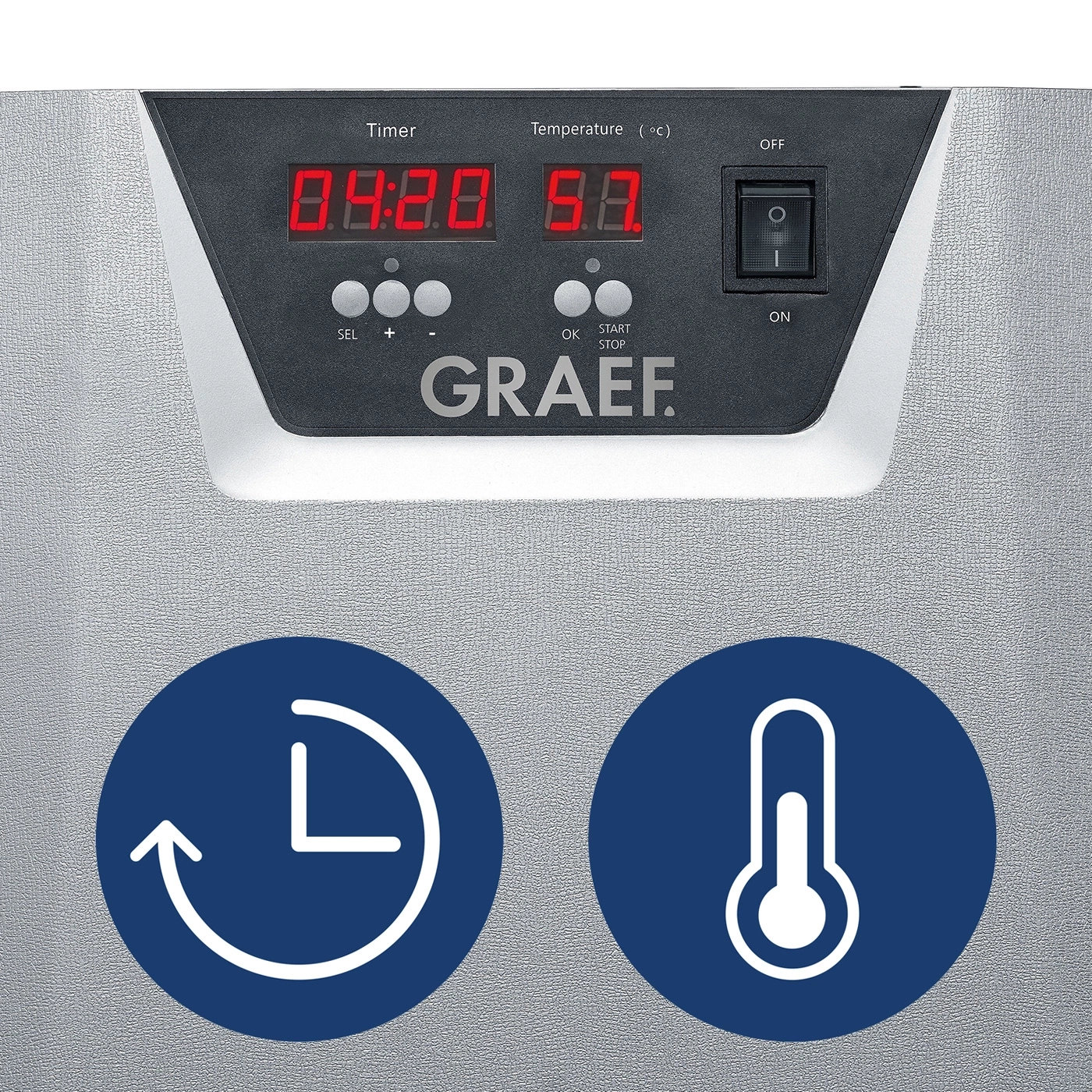 Timer und Temperaturanzeige mit Bedienfeld und GRAEF-Logo.