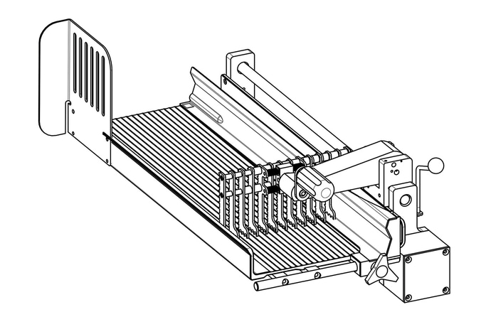 Zeichnung einer Papierschneidemaschine mit vielen Details und Linien.