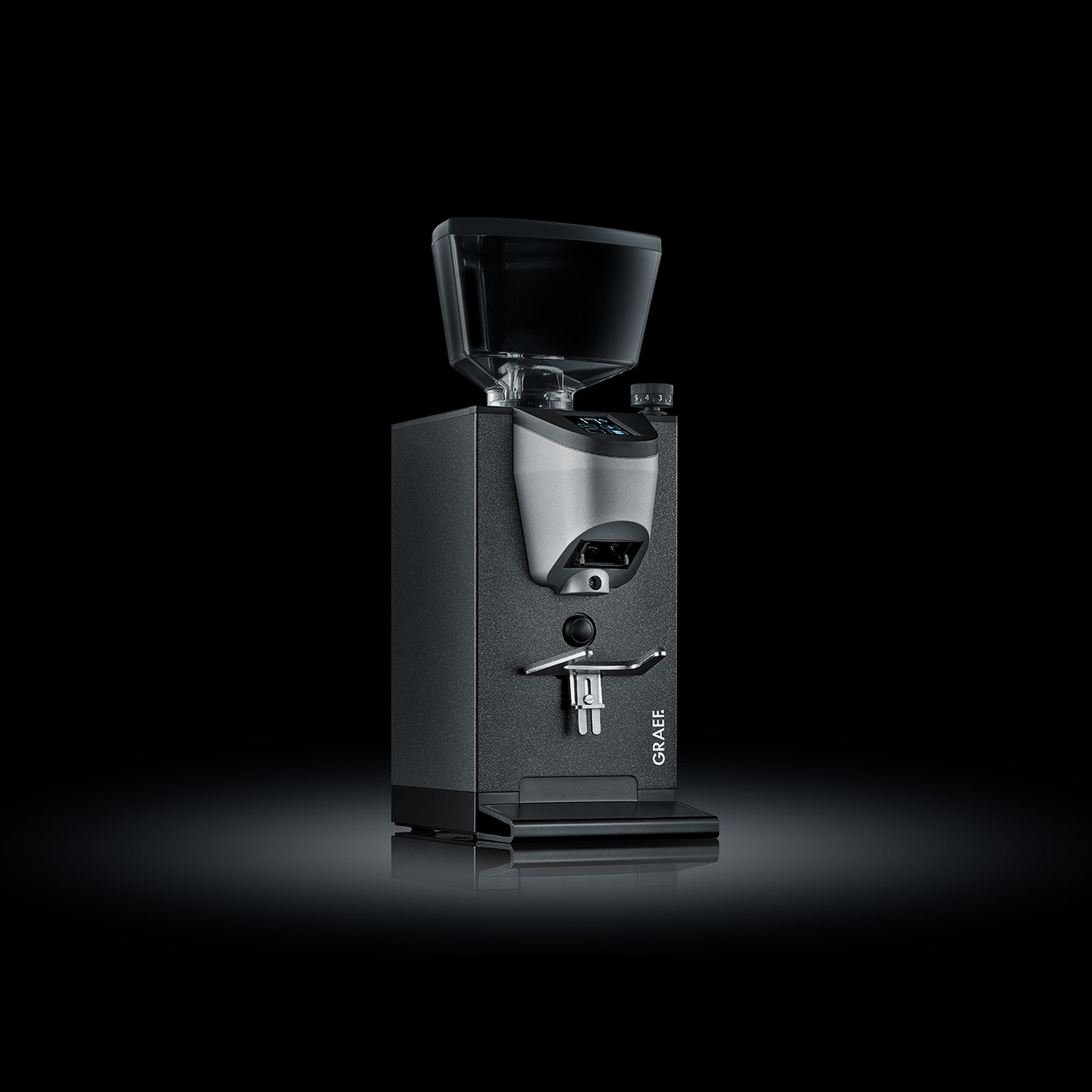 Black coffee grinder with bean container, Graef logo, modern design, studio shot
