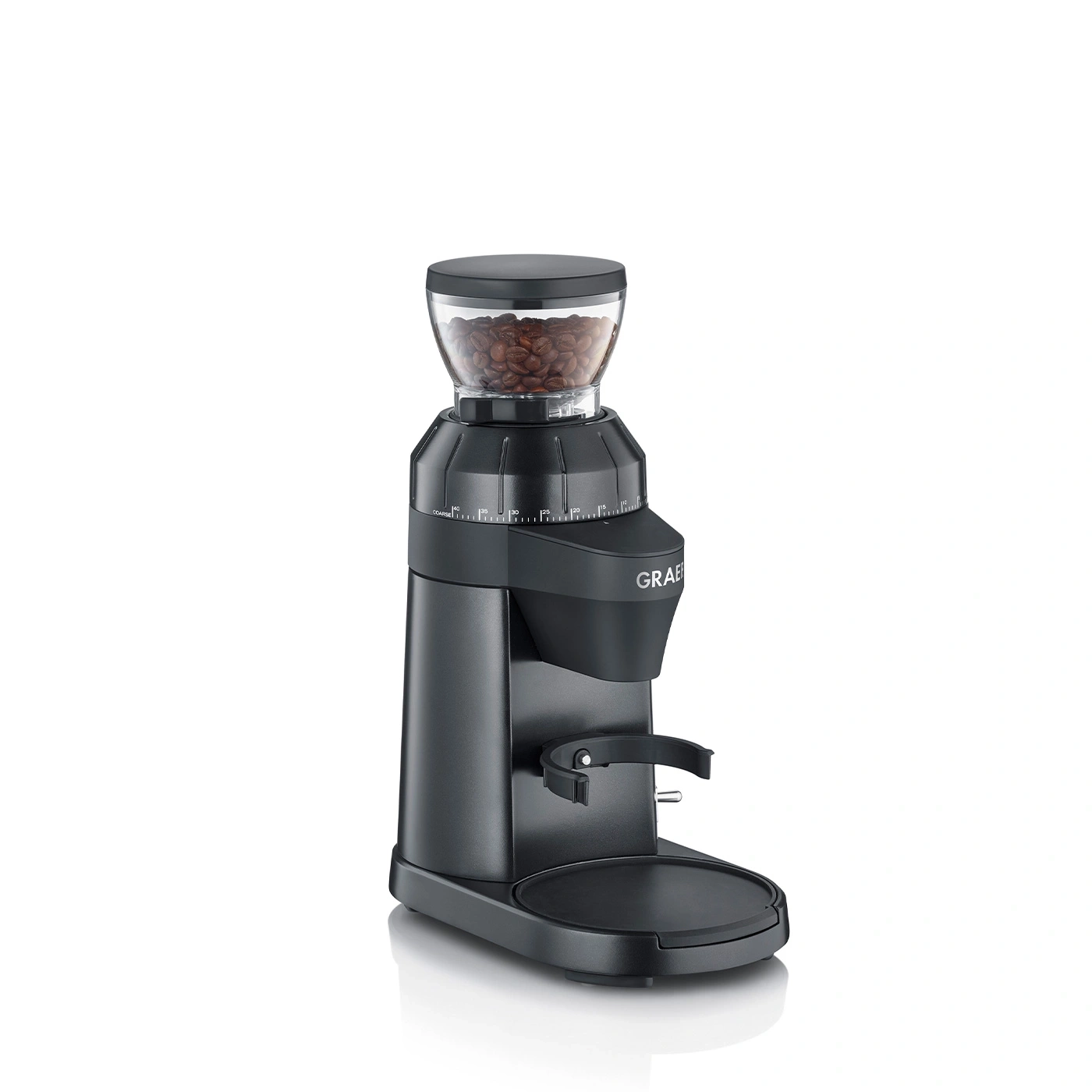 Kaffeemühle mit Bohnen, schwarz, GRAEF-Logo, Mahlgrad-Einstellung, Kaffeebohnenbehälter