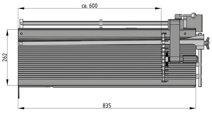 Technische Zeichnung einer Maschine mit Maßen 262, 600 und 835.