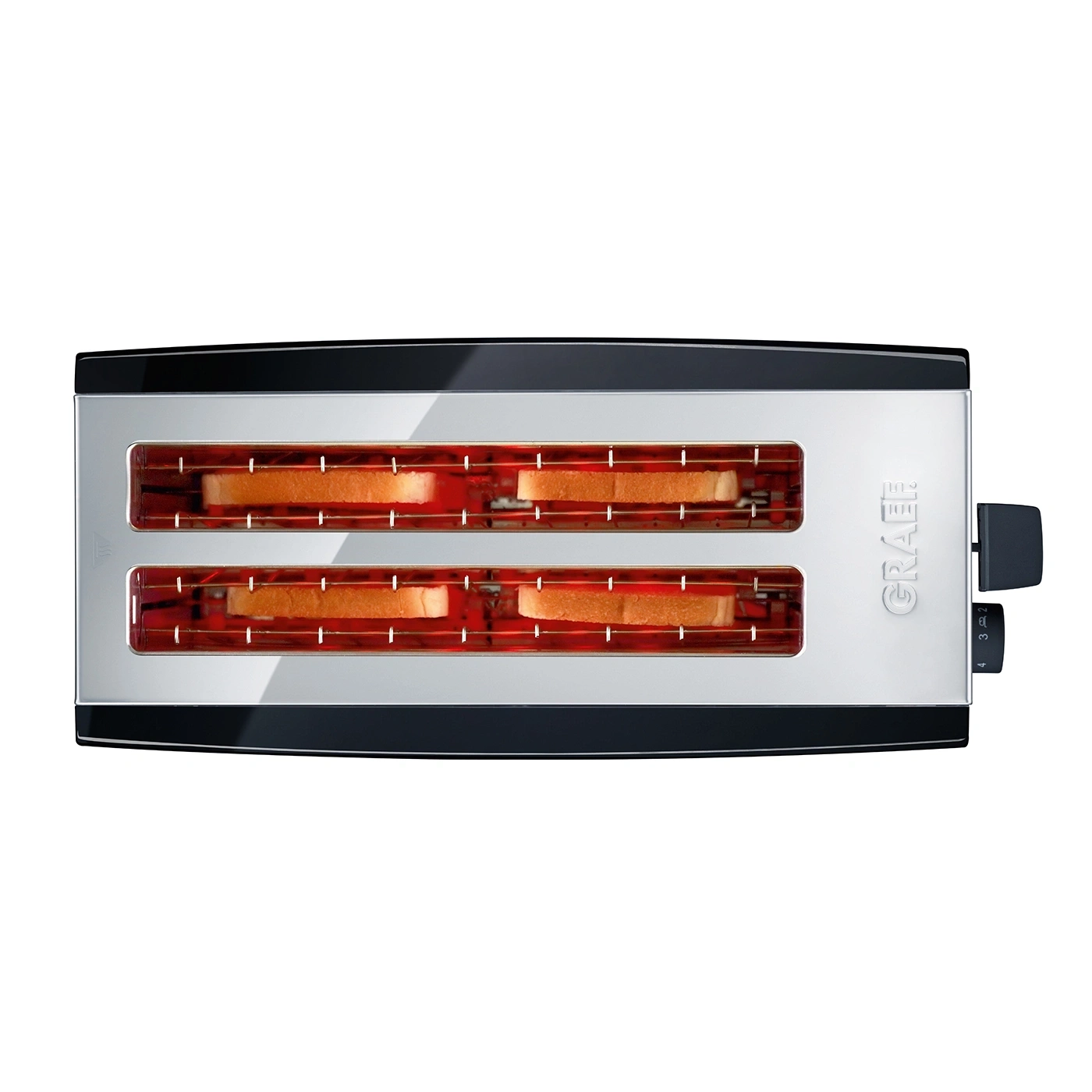Toaster mit Toastbrot, bereit zum Toasten, mit schwarzem und silbernem Design.