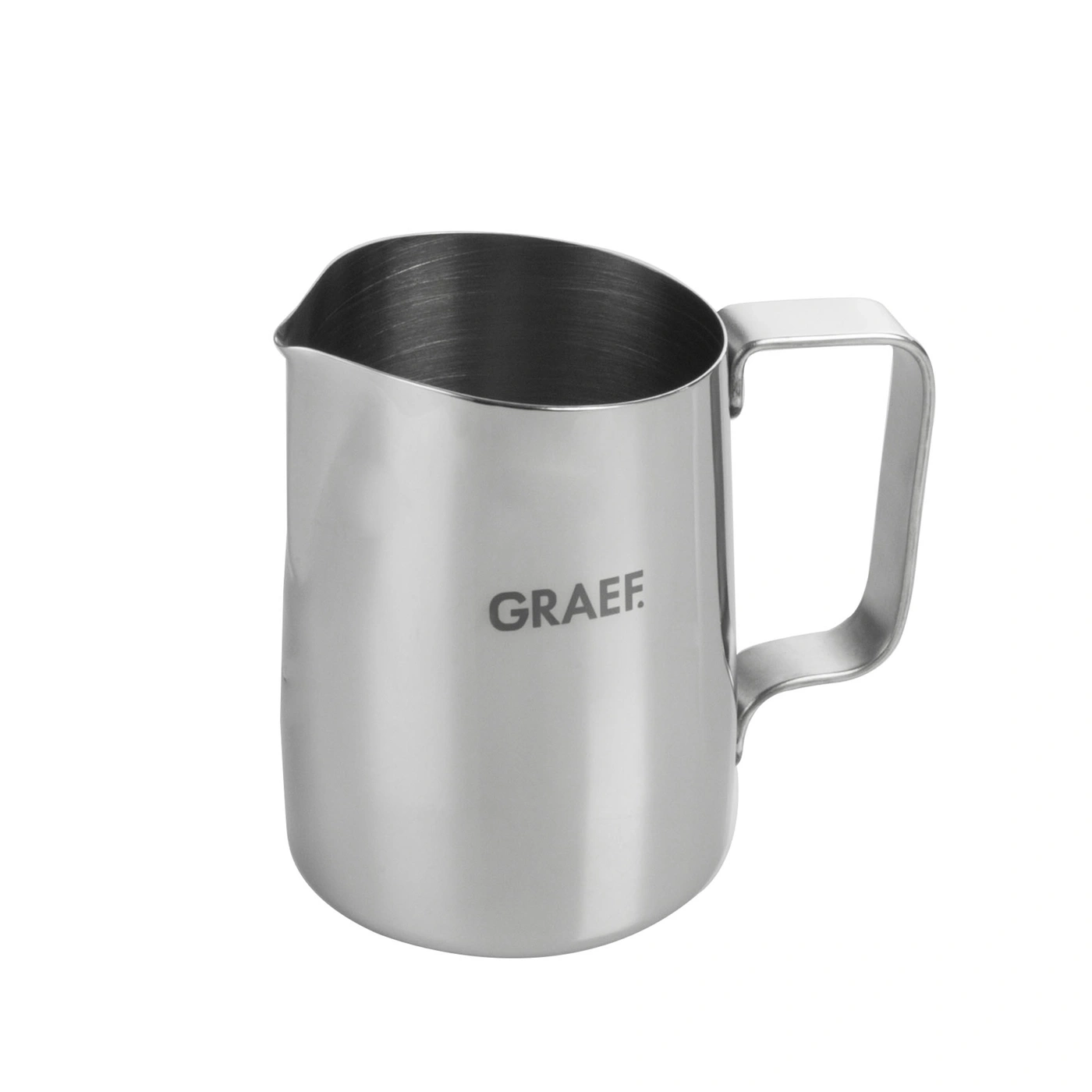 Edelstahl-Milchkännchen mit Griff und GRAEF-Logo, perfekt für Barista-Kunst