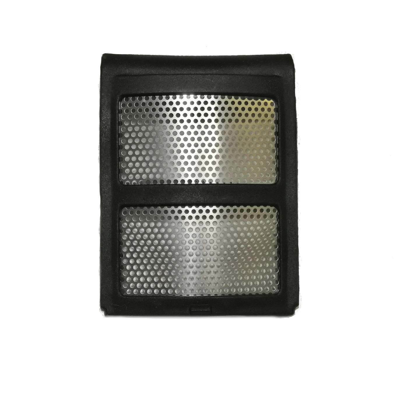 Schwarzer Rahmen mit Metallgitter. Rechteckige Form, Löcher. Detailaufnahme, isoliert.