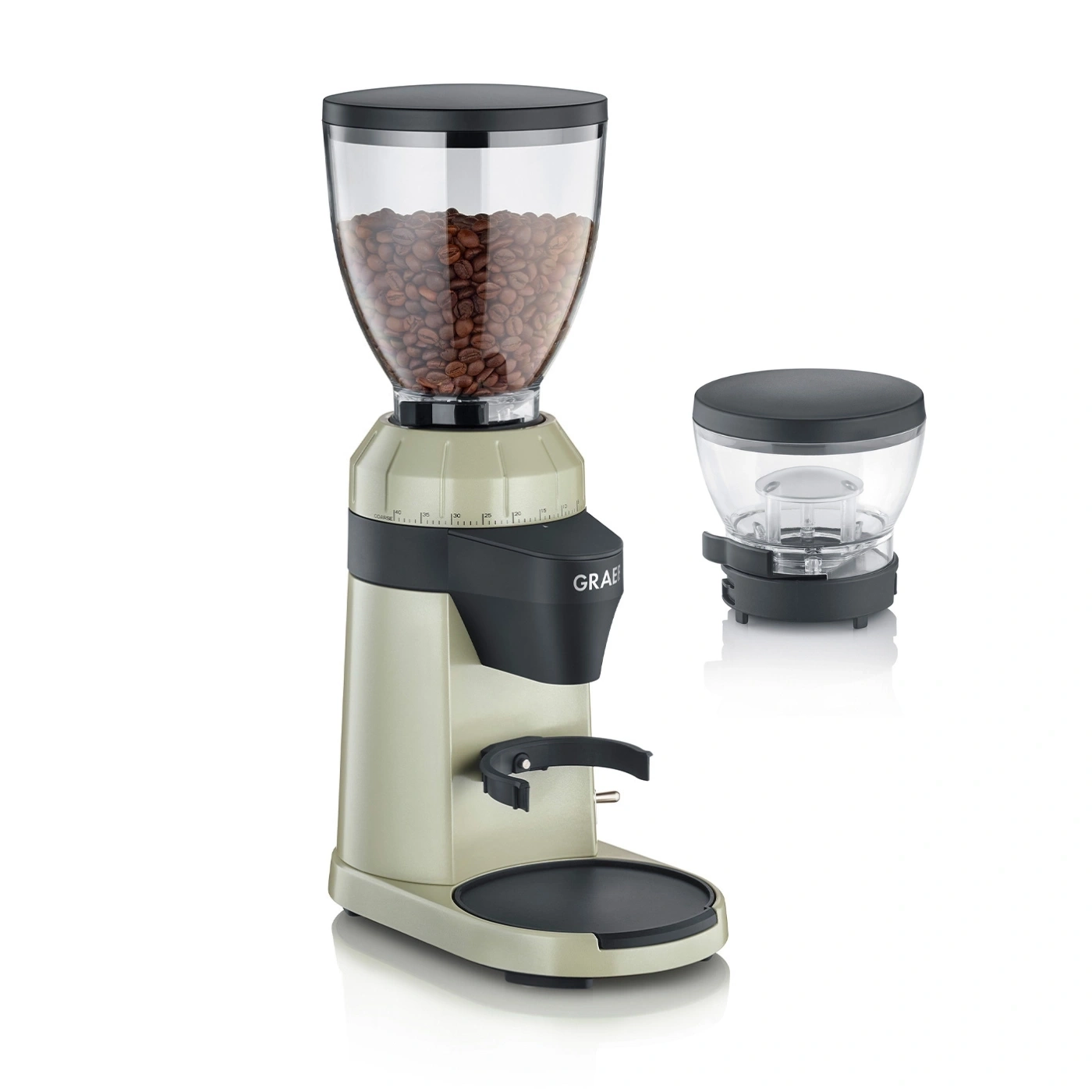 Kaffeemühle mit Bohnen und zusätzlichem Behälter, hellgrün und schwarz.