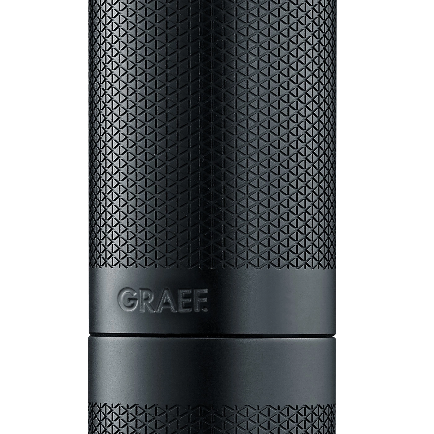 Schwarzer Zylinder mit geometrischem Muster und GRAEF-Logo. Elegantes Design.