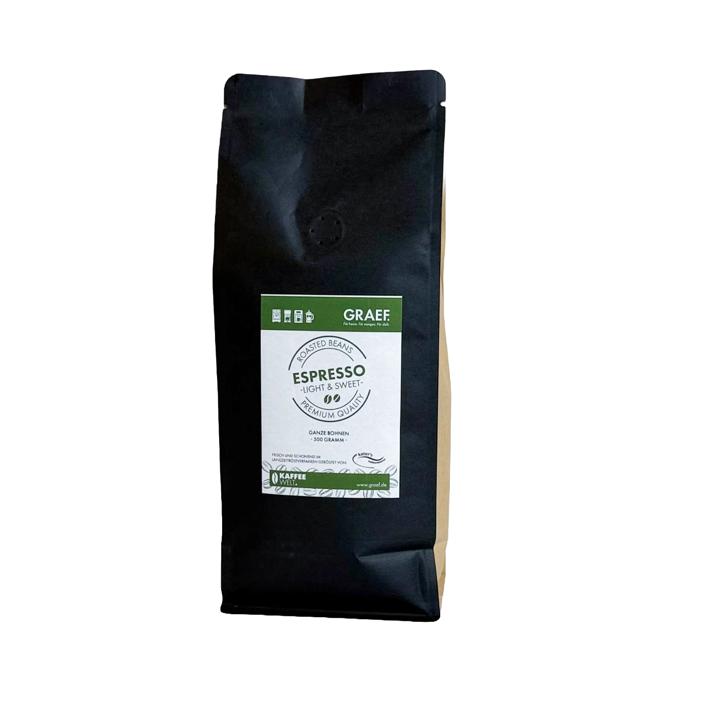 Eine schwarze und braune Kaffeetüte mit der Aufschrift "GRAEF ESPRESSO" und "ROASTED BEANS".
