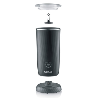 Explodierte Ansicht eines Milchaufschäumers mit Deckel, Quirl und Basis.