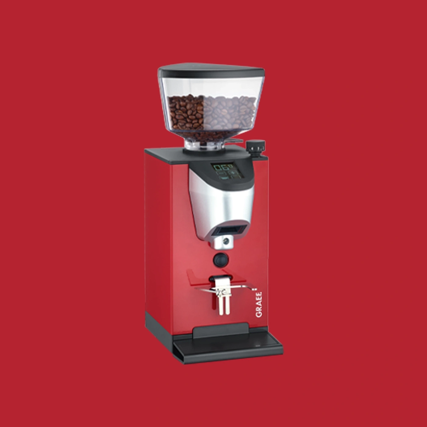 Rote Kaffeemühle mit Bohnenbehälter und digitaler Anzeige, GRAEF-Logo