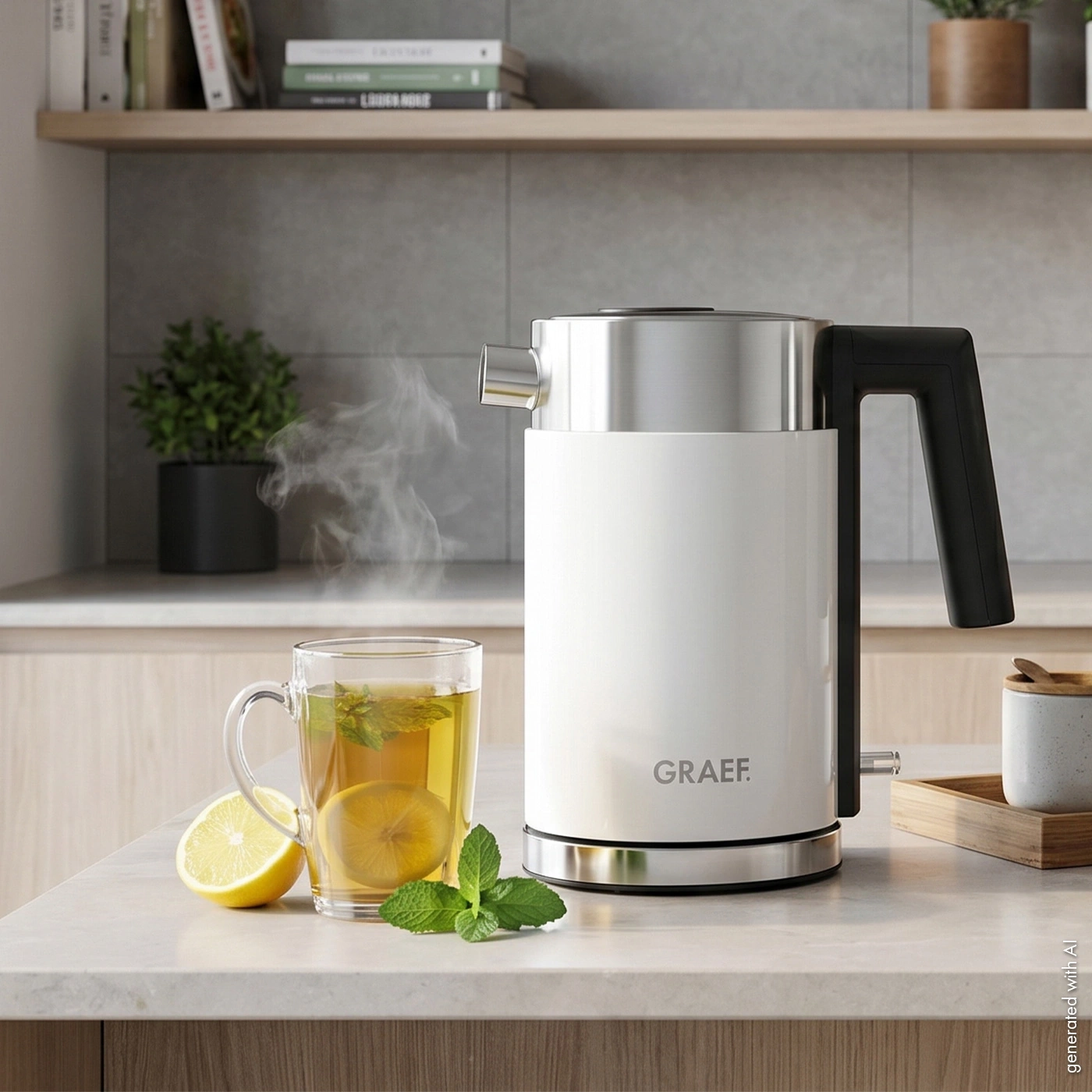 Eine Teekanne mit dampfendem Tee, Zitrone und Minze auf einer Arbeitsplatte.