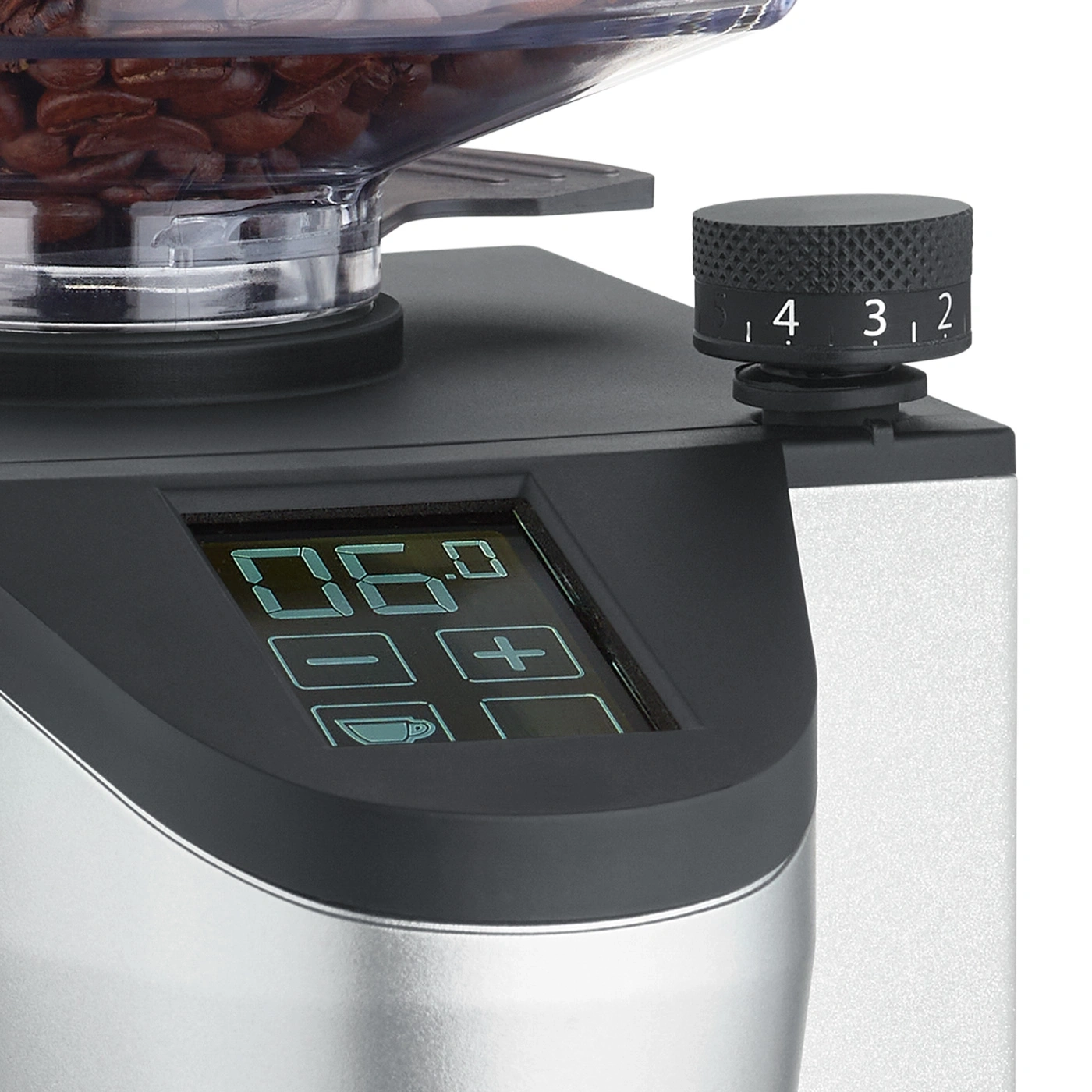 Kaffeemühle mit Display und Einstellrad für die Mahlfeinheit.