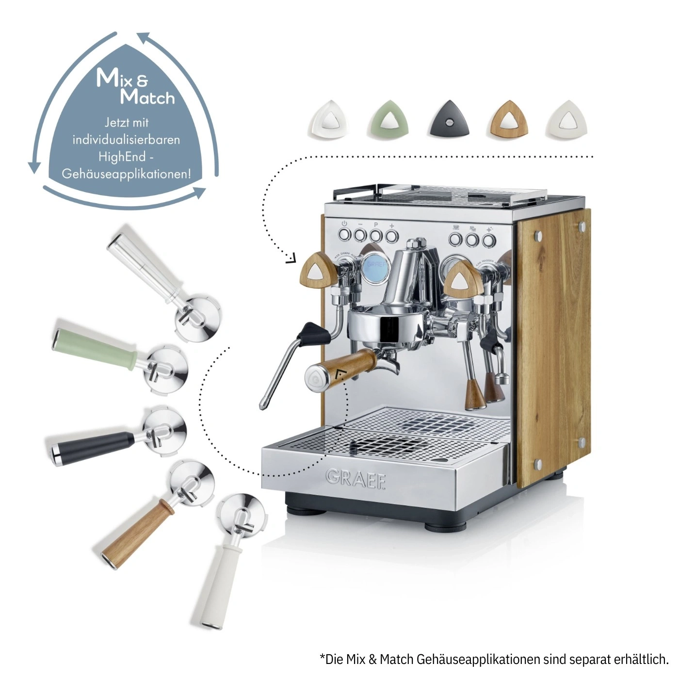 Espressomaschine mit austauschbaren Gehäuseapplikationen und Siebträgern in verschiedenen Farben.
