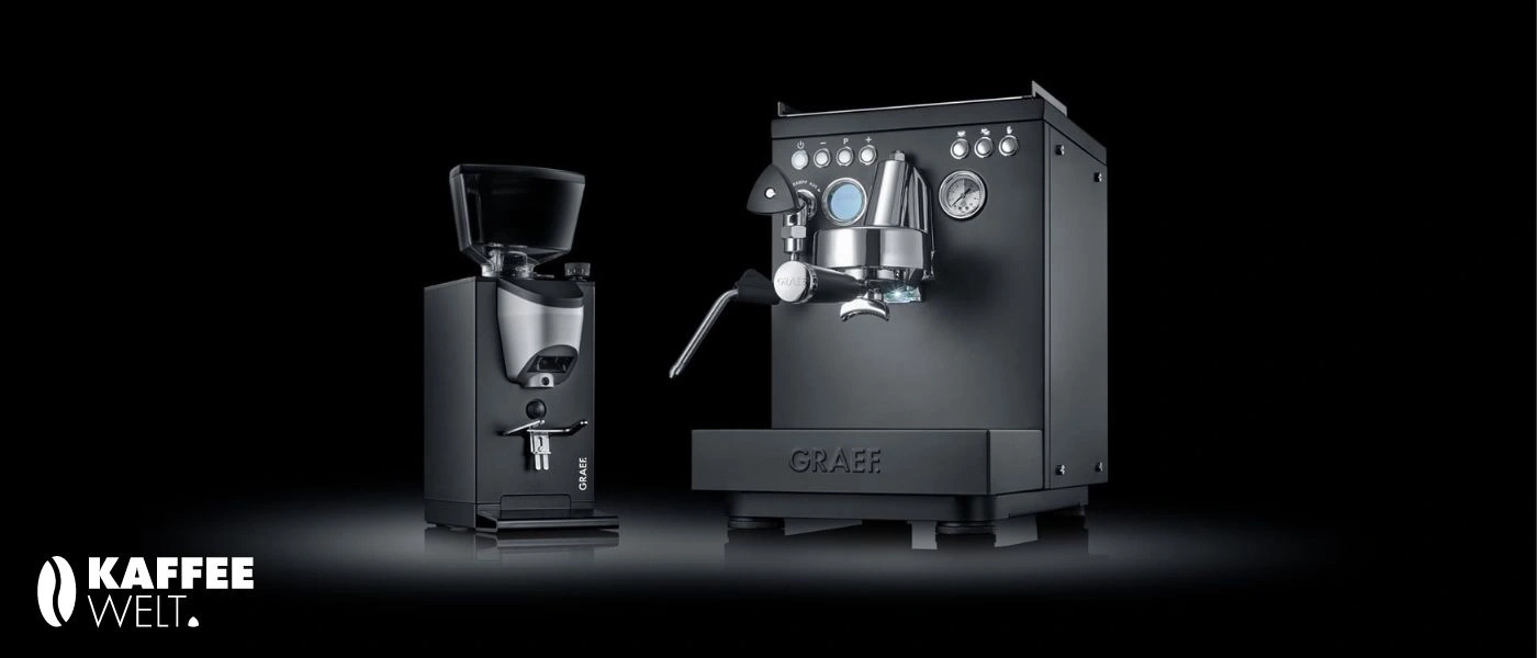Kaffeemaschine und Kaffeemühle, schwarz, GRAEF, Kaffee Welt Logo