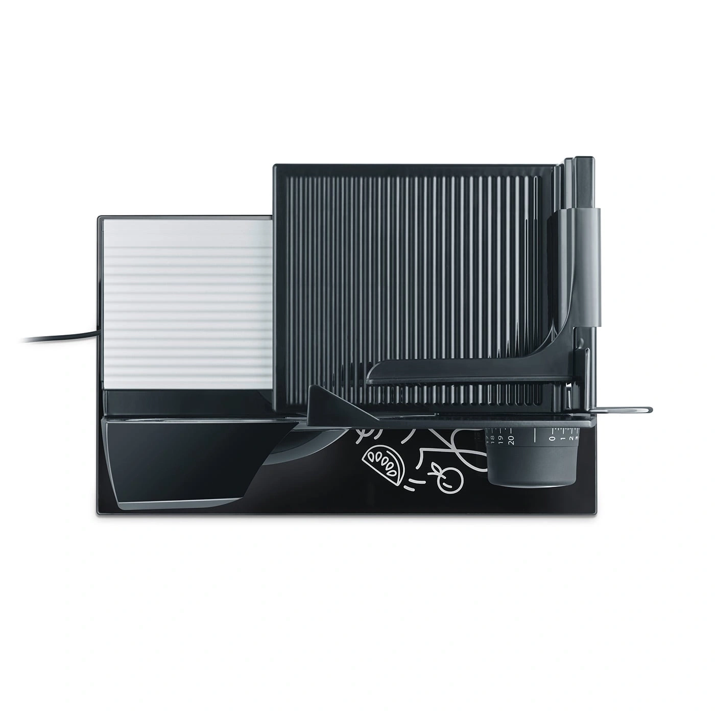 Schwarze elektrische Aufschnittmaschine mit geriffelter Oberfläche und Einstellrad.