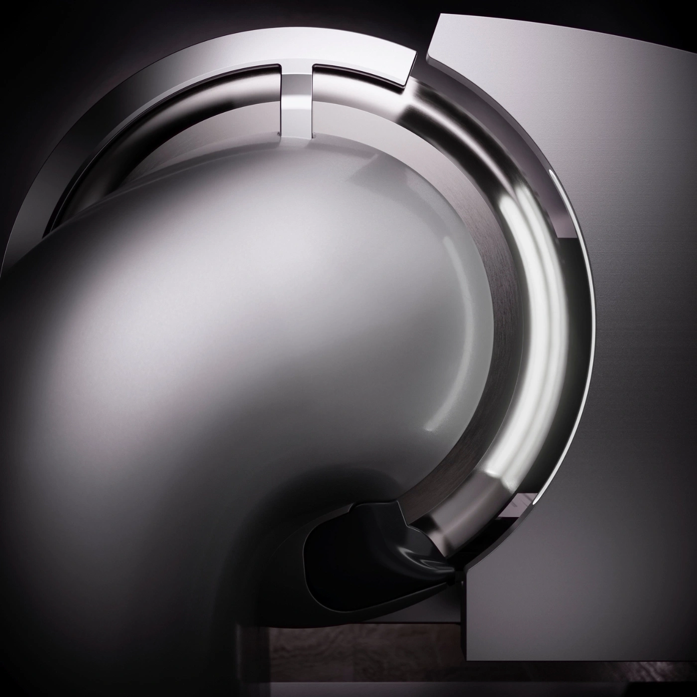 Abstrakte Metallstruktur mit glänzenden Oberflächen und eleganten Kurven, minimalistisch