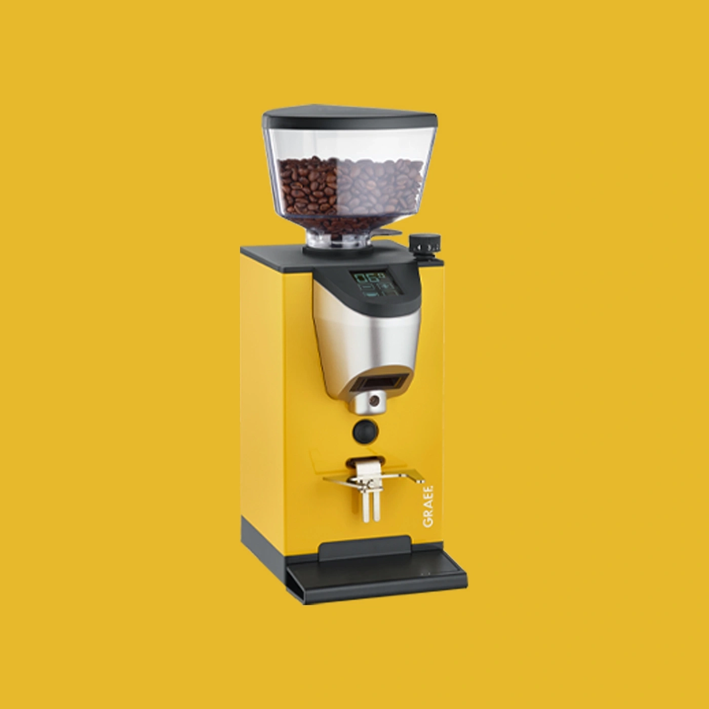 Gelbe Kaffeemühle mit Bohnenbehälter und digitaler Anzeige