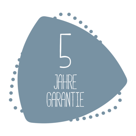 5 Jahre Garantie, blaues Schild mit weißer Schrift und Punkten