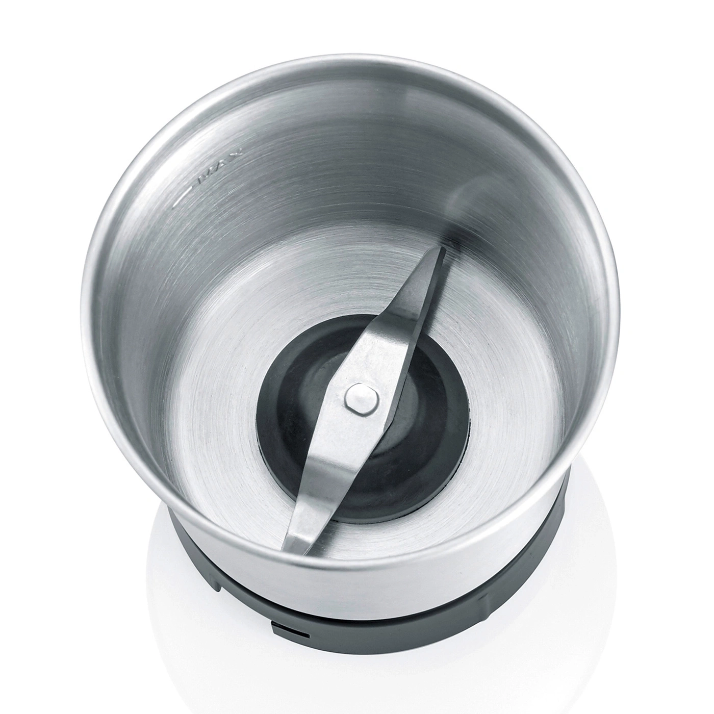 Kaffeemühle von oben, Edelstahl, Klinge, Innenansicht, leer, weißer Hintergrund