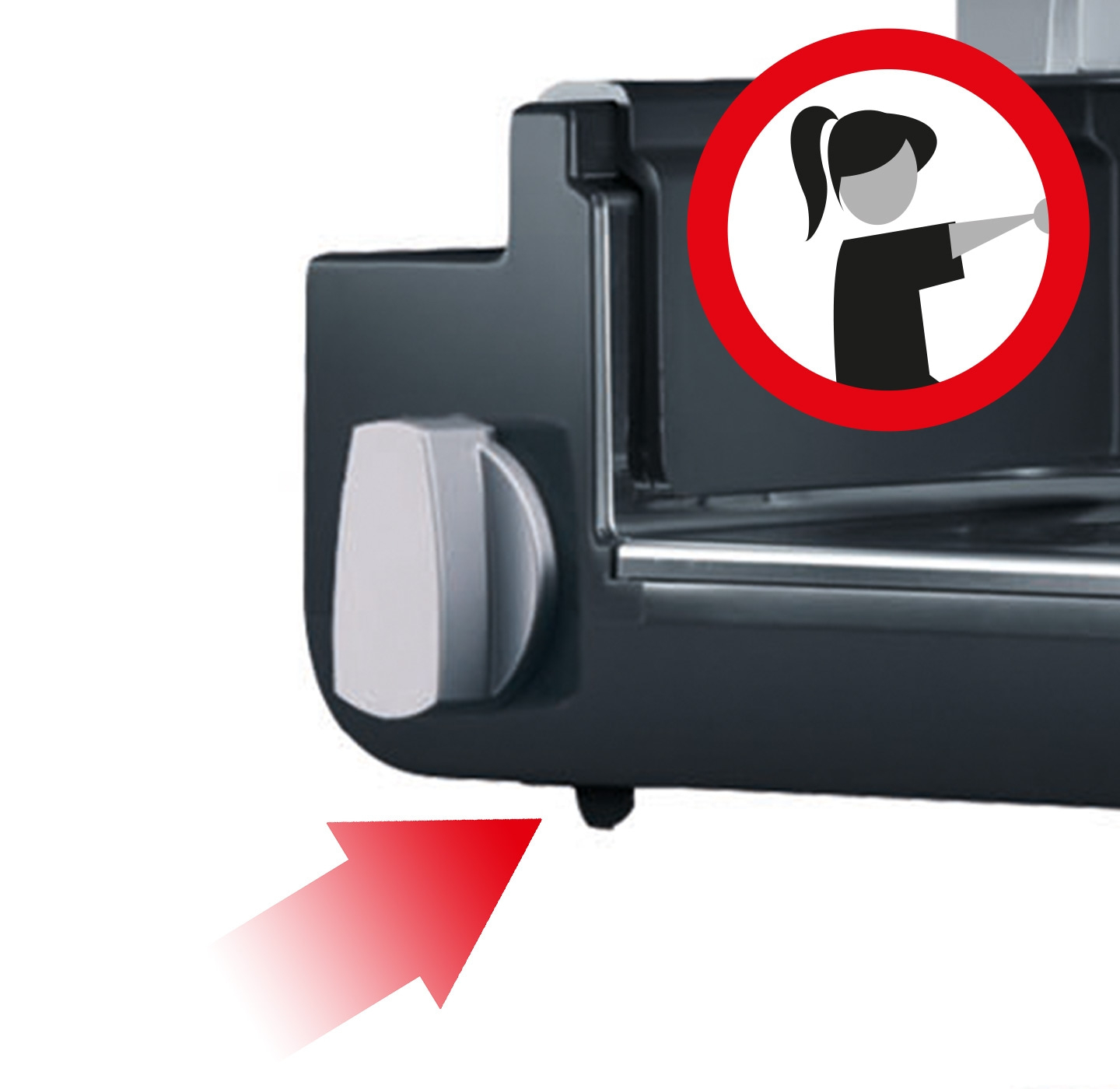 Ein roter Pfeil zeigt auf einen Drehknopf und ein Warnsymbol mit einer Frau.