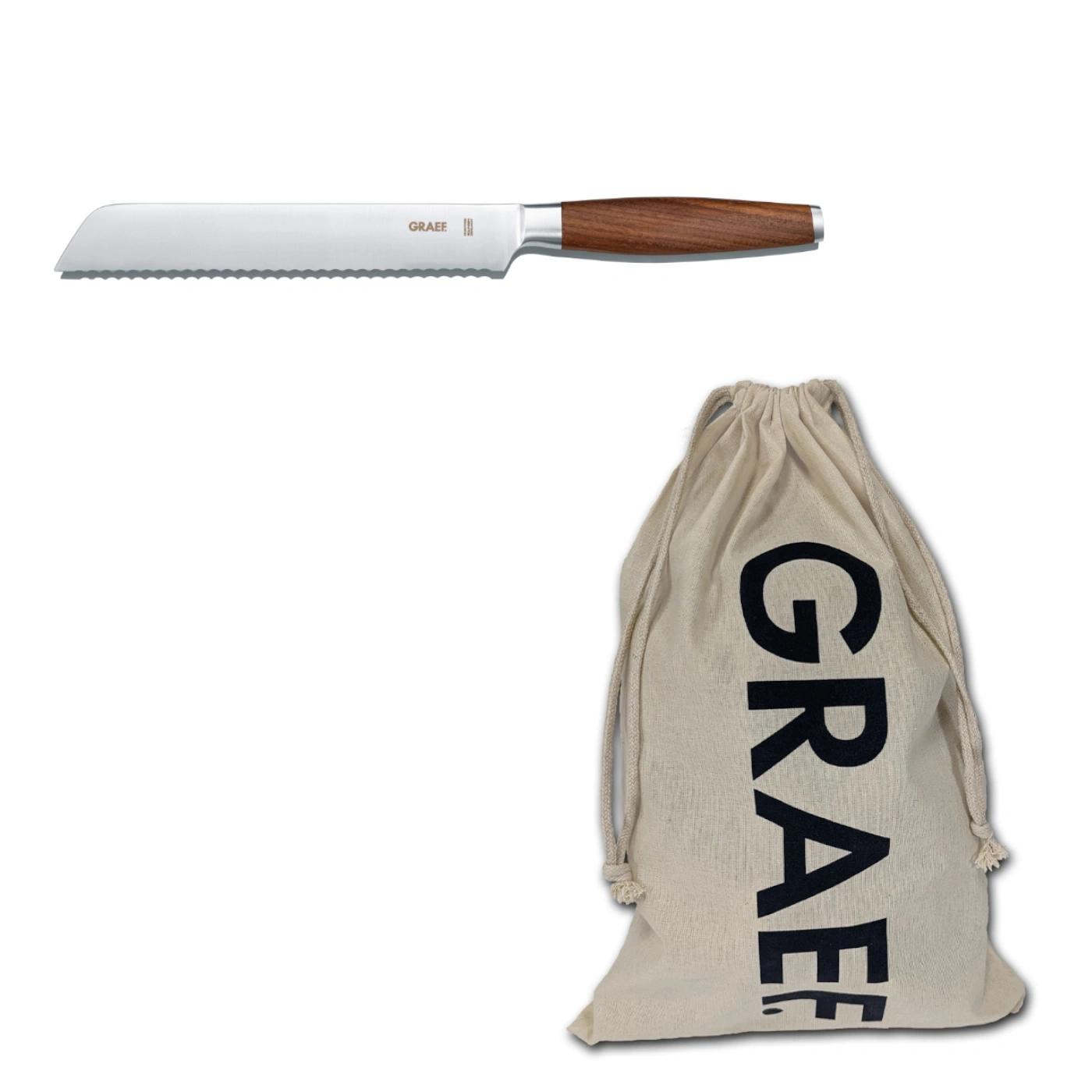 Brotmesser und Beutel mit GRAEF-Logo auf weißem Hintergrund.