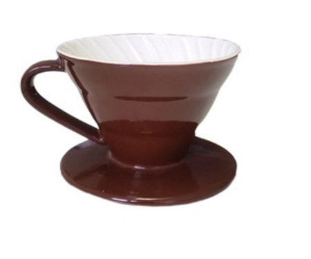 Brown ceramic coffee dripper with saucer, for pour-over coffee brewing