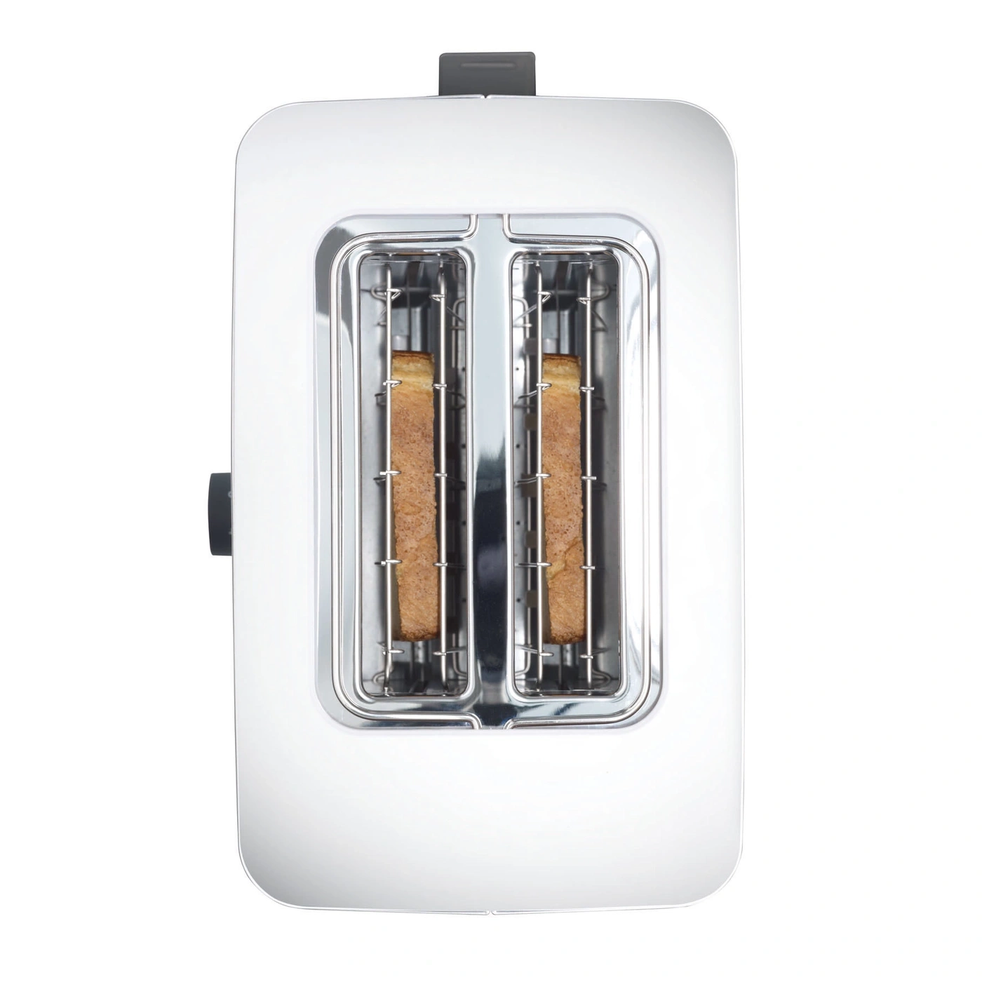Ein Toaster mit zwei Toastscheiben, die in den Schlitzen stecken, weißes Gehäuse.
