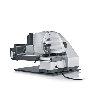 Elektrische Aufschnittmaschine, silber und schwarz, für Lebensmittel, Küche