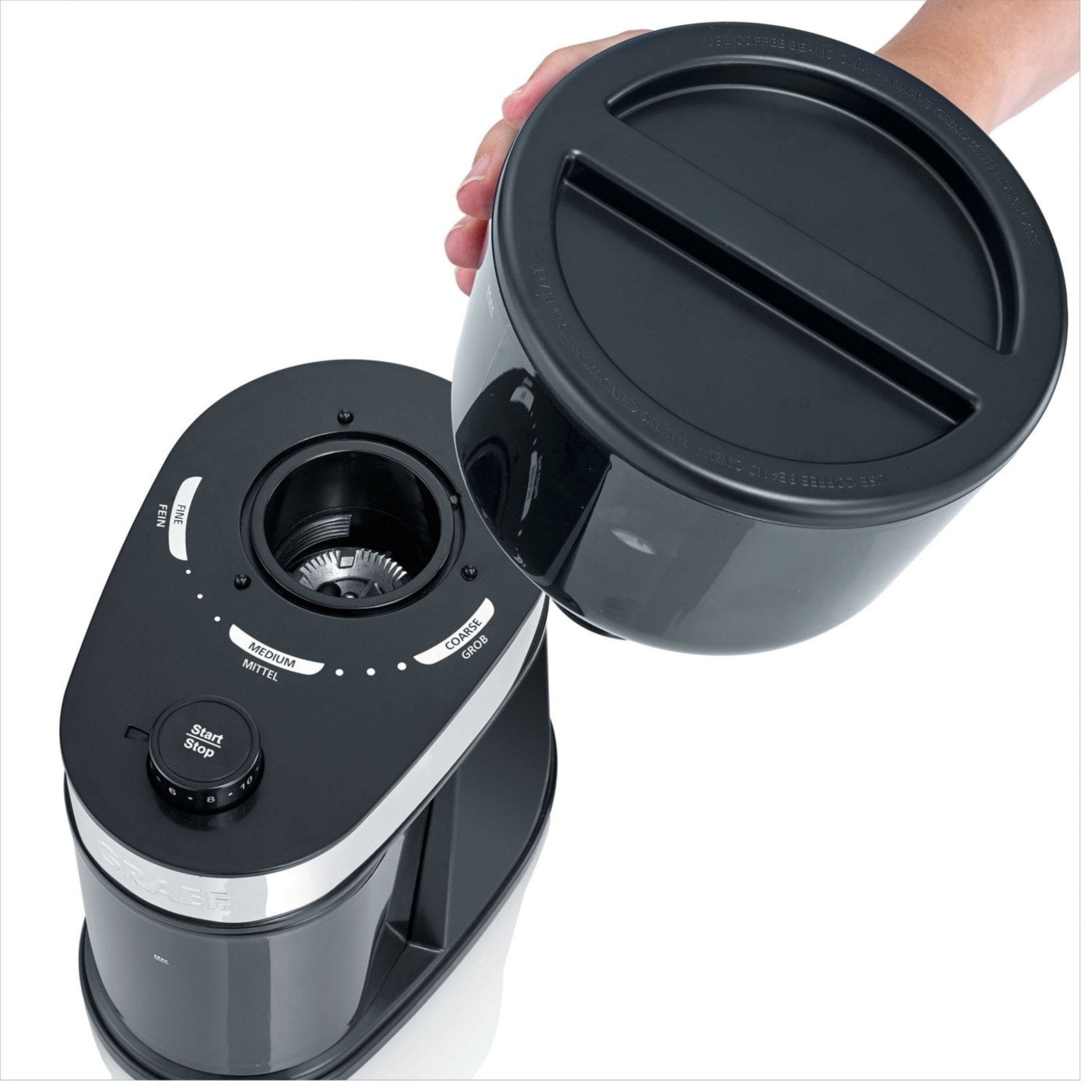 Moulin à café avec couvercle retiré, réglage de mouture, bouton marche-arrêt, design noir.