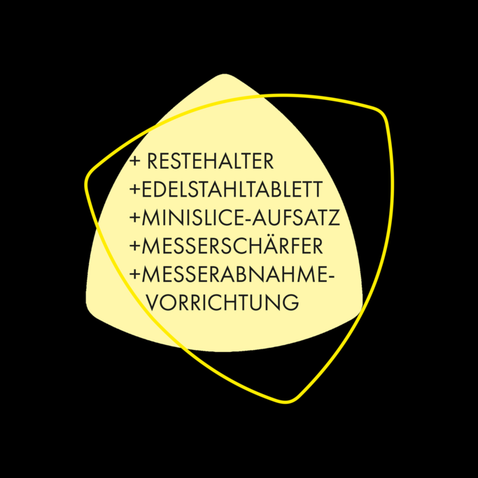 Forme jaune avec texte: Restehater, Edelstahltablett, Minislice-Aufsatz, Messerschärfer, Messerabnahmevorrichtung