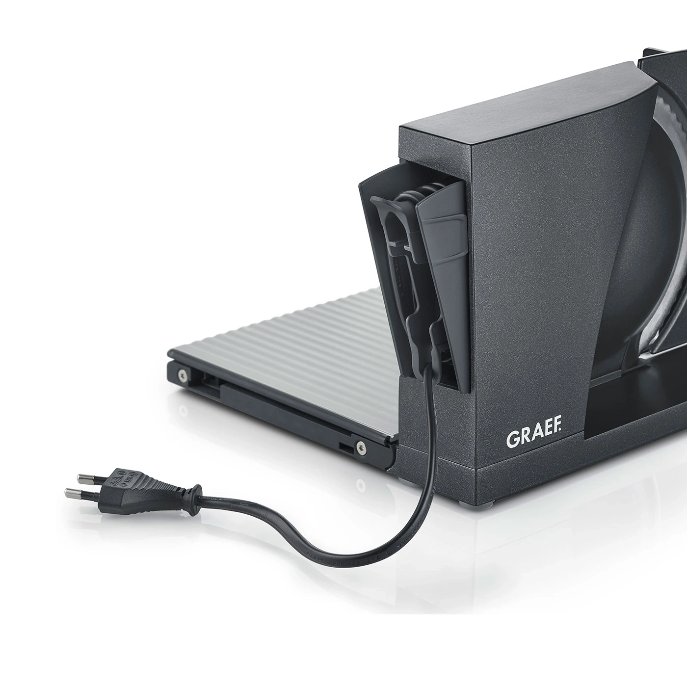 Graef Allesschneider, elektrisch, schwarz, mit Netzkabel und Stecker, Nahaufnahme