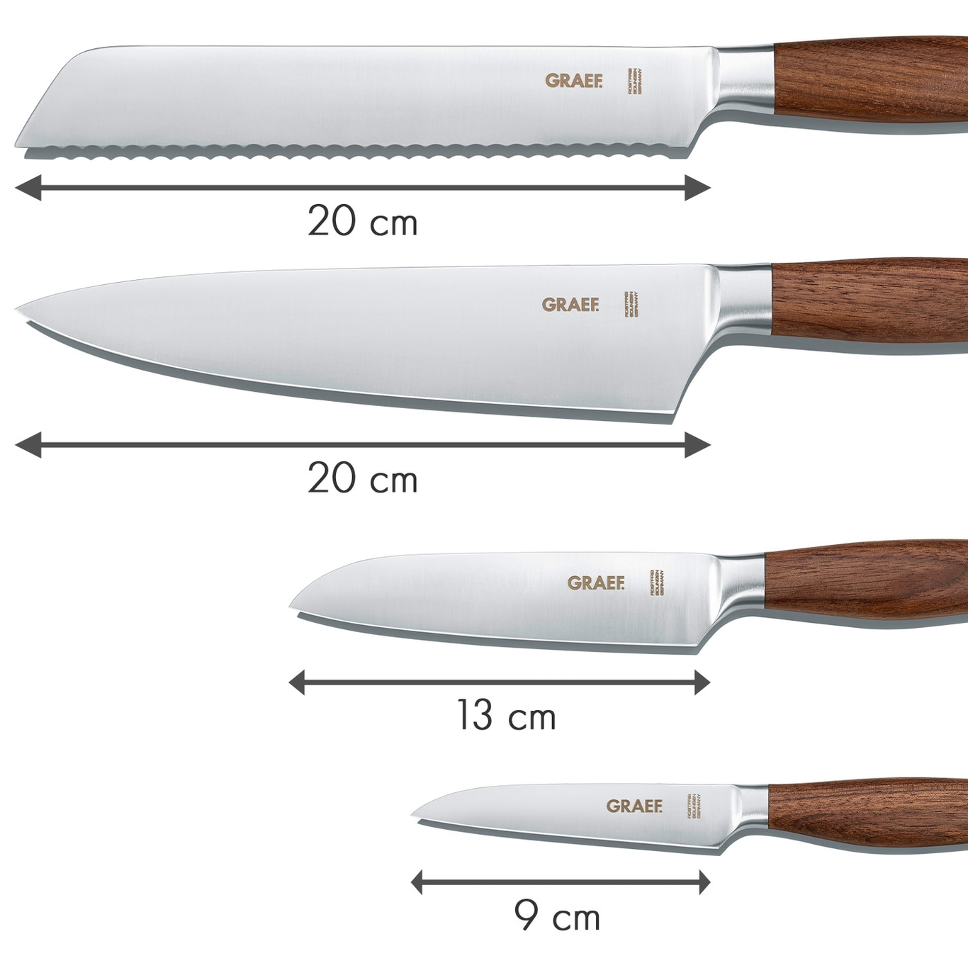 Messer-Set mit Holzgriffen, Größen 20cm, 20cm, 13cm und 9cm, Marke GRAEF.