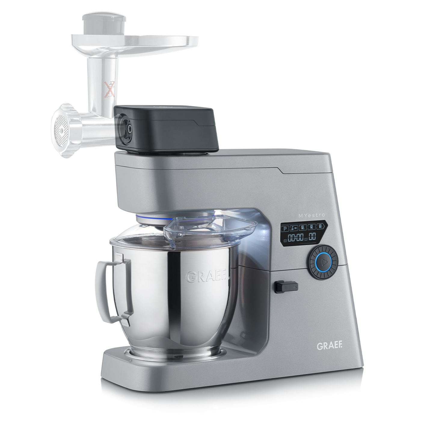 Silver Graef kitchen machine with meat grinder attachment and stainless steel bowl