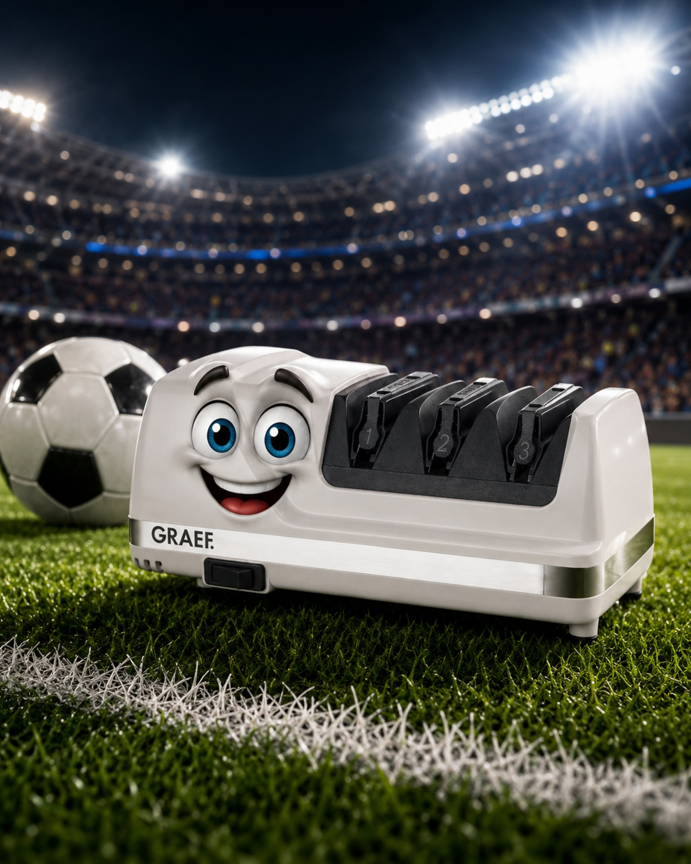 Ein Messerschärfer mit Gesicht spielt Fußball im Stadion.