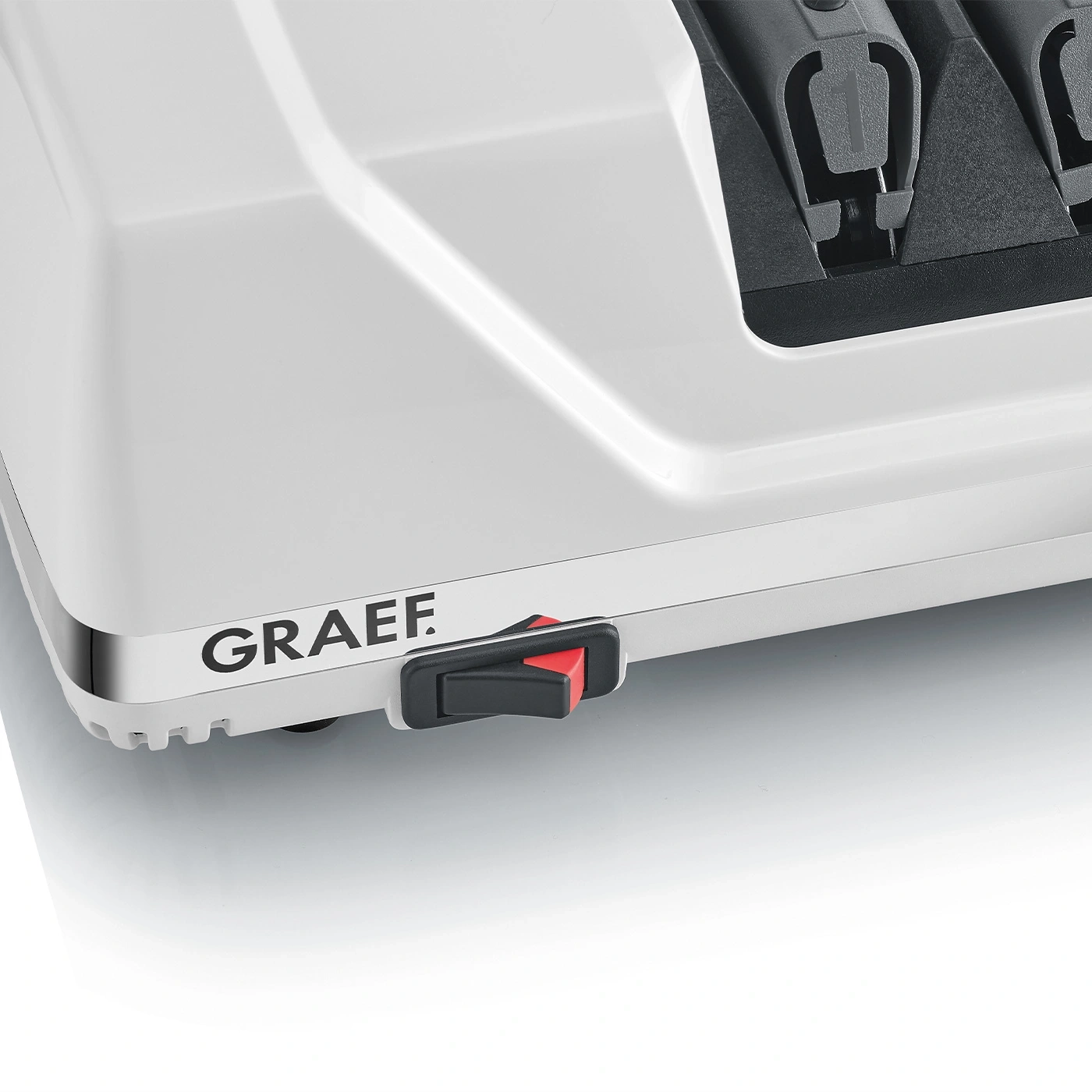 Graef-Messerschärfer, weiß, mit rotem Schalter, Nahaufnahme, Detailaufnahme, Gerät