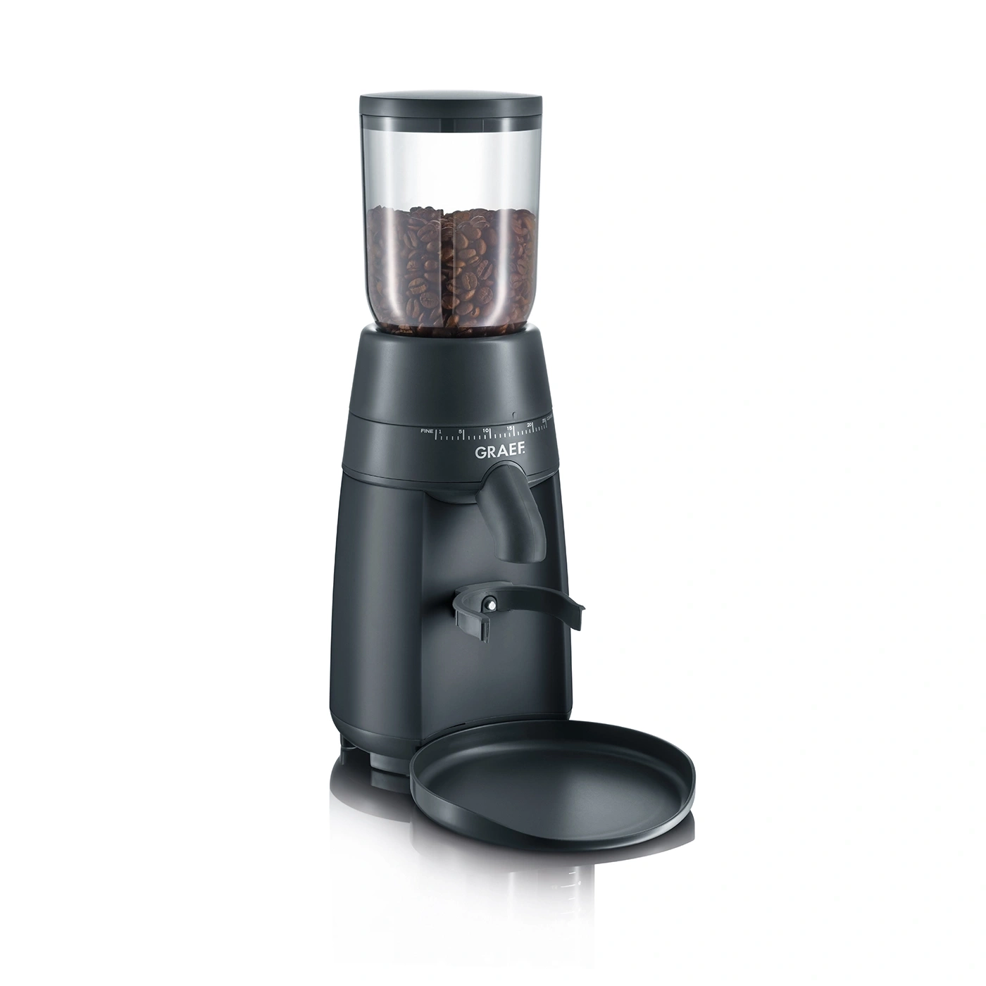 Kaffeemühle, schwarz, mit Bohnenbehälter, Mahlgrad einstellbar, GRAEF-Logo, Tablett